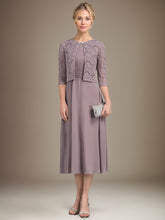 A-line Scoop Tea-Length Chiffon Mother of the Bride Dress With Pleated